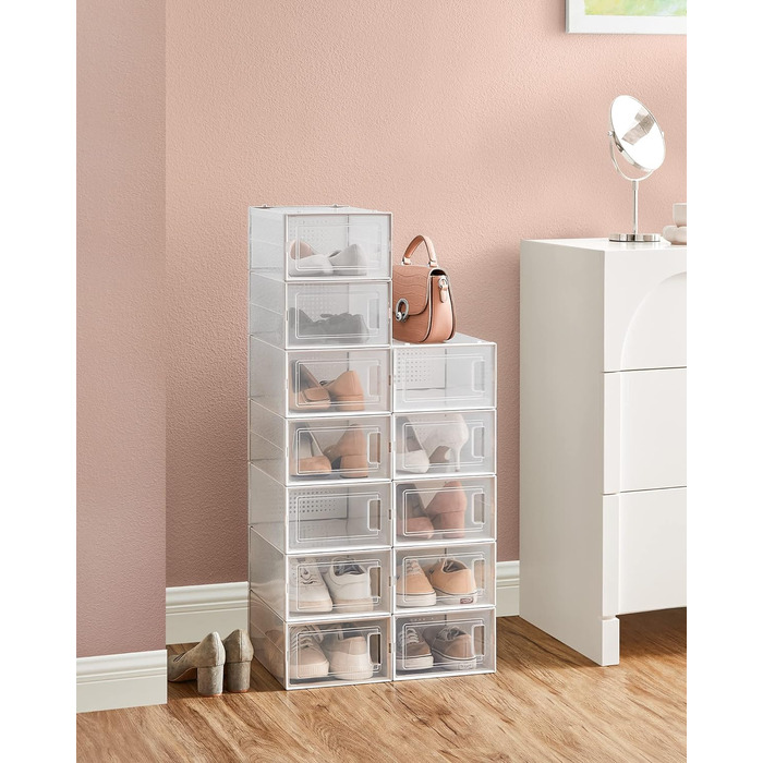 SONGMICS Shoe Boxes, 12-Piece Set, Plastic Shoe Organizer, Foldable and Stackable, for Shoes up to Size 44, Transparent-White LSP12SWT