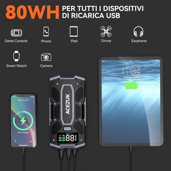 ACEZUK Пусковий пристрій для автомобіля та мотоцикла 7000A з LED-дисплеєм, QC3.0, для бензину/дизеля