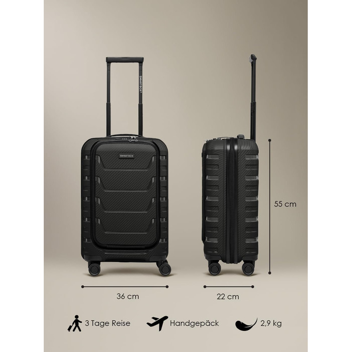 Набір валіз SMARTBOX з жорстким корпусом (3 шт) | Розширюваний на 3 см | З поліпропілену, TSA-замок, 4 колеса | Для жінок та чоловіків (Edition 01) (Чорний, S (55 см) з відділом для ноутбука)