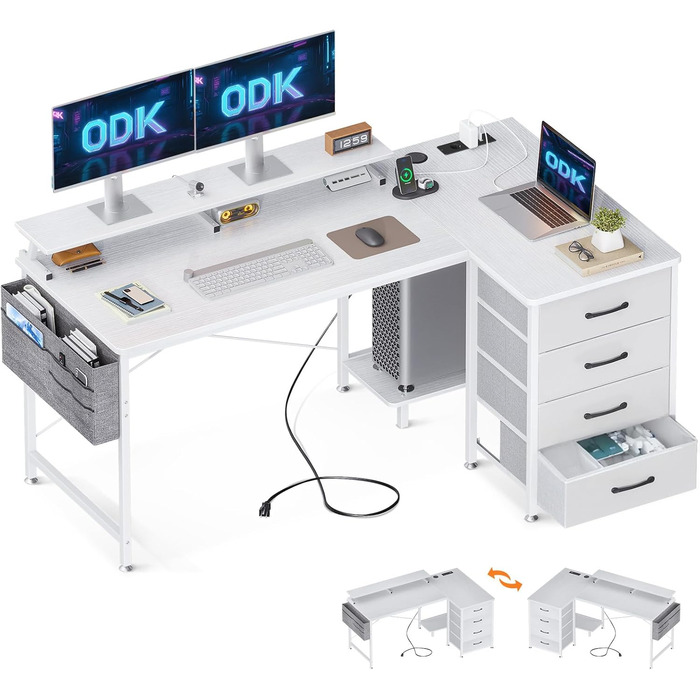 Кутовий письмовий стіл ODK білий L-подібний, 140x80x84,7 см, з 4 шухлядами, моніторною полицею, USB-портами та розетками для домашнього офісу