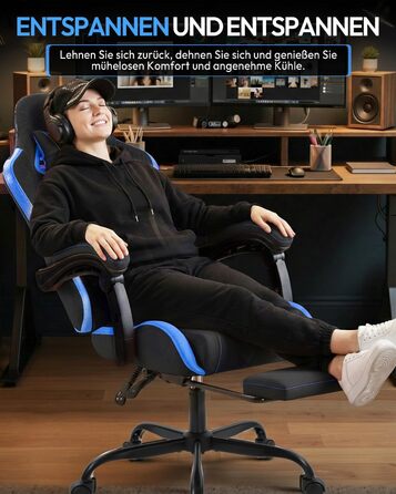 Геймерське крісло Nexthra Ergonomisch з підставкою для ніг, до 180 кг, блакитне. Регульована спинка 150°, для геймінгу та офісу