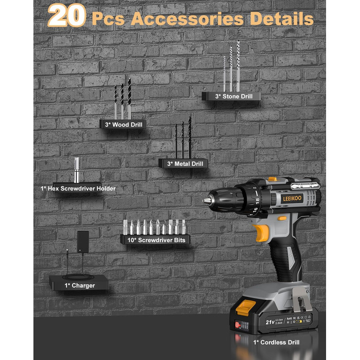 Акумуляторний шуруповерт LEEIKOO 21V з акумулятором 2.0Ah, 42N.m, 10мм патрон, 2 швидкості, 18+1 момент, LED, 20шт набору, сірий