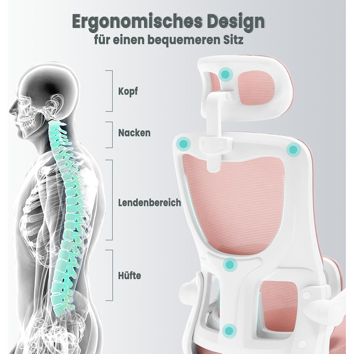 Офісний стіл Woltu: ергономічне крісло з функцією гойдання, регульована підголовник, обертові підлокітники, підтримка попереку, 150 кг, Рожевий