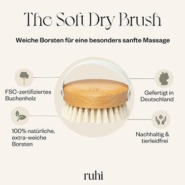 RUHI Body Brush/Dry Brush SOFT 100% Natural Bristles/Made in Germany, regional beechwood & plastic-free for dry brushing massage (dry brush), lymphatic drainage against cellulite