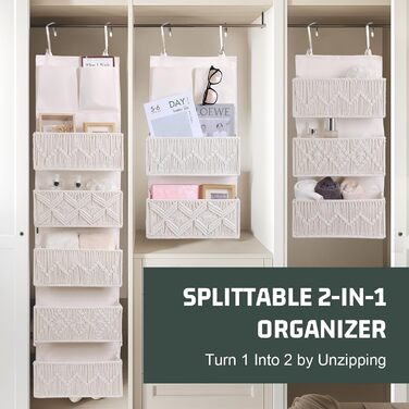 Організатор для дверей з 4 кишенями, Бохо декор, Настінна полиця-організатор з 2 гачками, Складаний настінний органайзер для спальні, дитячої кімнати, ванної (5 кишень-слонова кістка)