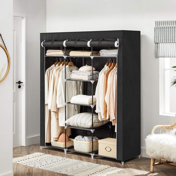 SONGMICS Clothes Closet, Fabric Closet, Folding Wardrobe with Clothes Rod, Clothes Rack, Storage, Pockets, Shoes, Bedroom, Dressing Room, 45 x 150 x 175 cm, Black RYG12B