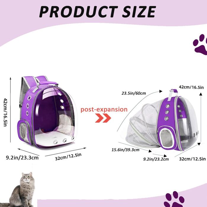 Розширюваний рюкзак для котів та маленьких собак, переноска-рюкзак з прозорим вікном, для подорожей та прогулянок (фіолетовий)