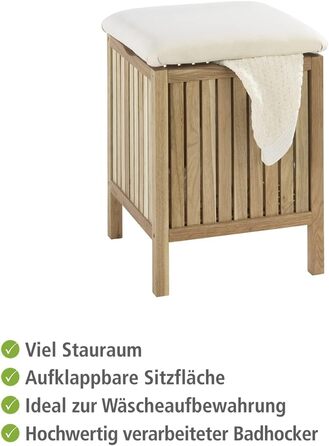 WENKO Badhocker Norway with Laundry Hamper, Storage Bench with Upholstered and Flip-Up Seat as Lid, Solid Walnut Wood, Oiled, Capacity 65 L, (W x H x D): 39 x 52 x 39 cm, Natural