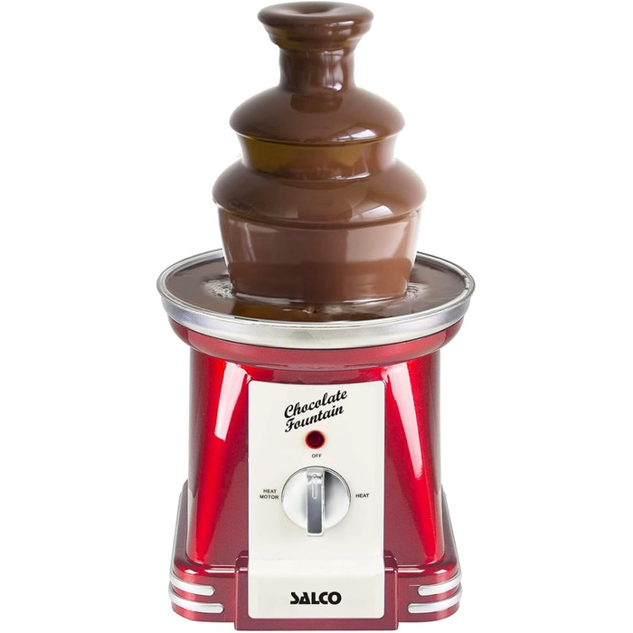 Шоколадний фонтан Salco | 3-рівневий | Ретро-дизайн | Нержавіюча сталь | 90 Вт | Для фруктів, печива та іншого | Легке очищення | Металік-червоний