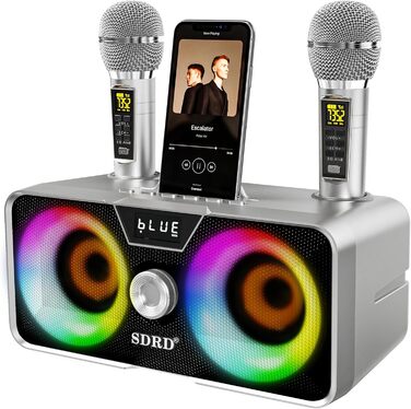 Портативна караоке-машина з Bluetooth, 20W, 2 бездротові мікрофони, PA-система для дому, вечірки, церкви, пікніка, відпочинку на природі (сіра)