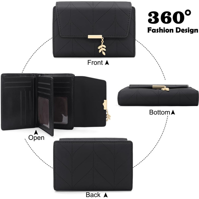 GOUNNU Wallet for Women PU Leather Women's Card Holder RFID Protection Women's Wallet Many Compartments Women's Short Wallet with 14 Card Slots and Coin Pocket Money Bag Women (Black)