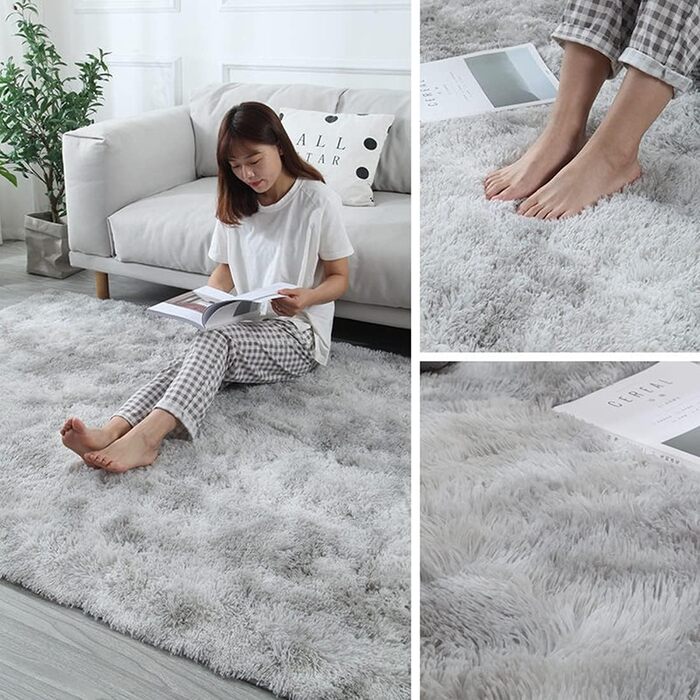 OYIMUA High Pile Rug 120x160 cm Grey White, Modern Fluffy Rug Living Room Children's Room Decor Bedroom Hallway Runner Outdoor Rug Faux Fur Shaggy Plain Bed Runner