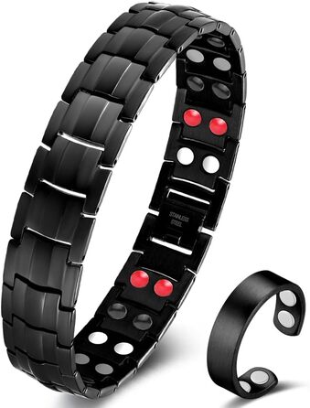 Браслет магнітний чоловічий Vicmag з титанової сталі, подвійна лінія магнітів, регульований, з інструментом та подарунковою коробкою (Чорний, 4 елементи)