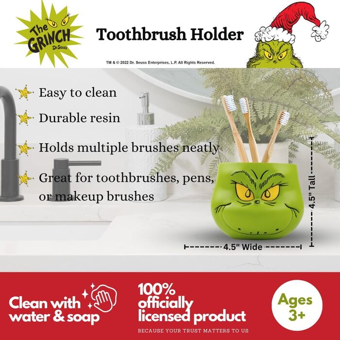 Collectibles Dr. Seuss' The Grinch Holiday Toothbrush Holder for Makeup Brushes/Pens, Official Licensed Product Franco