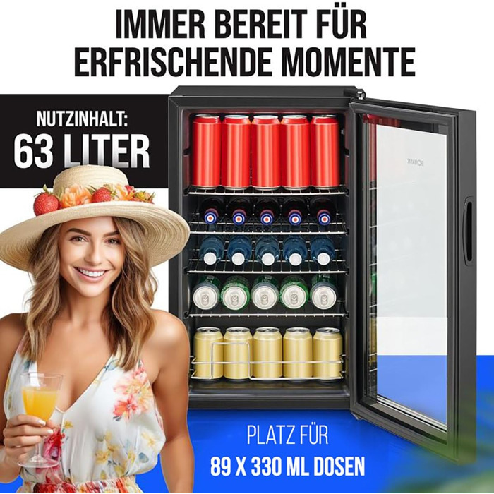 Холодильник для напоїв Bomann® KSG 7287, 63 літри, регулювання температури +3–10°C, з дверцятами зі скла, 4 полиці та LED-підсвічуванням, тихий, енергоефективний, компактний, для пляшок та банок, модель 2024
