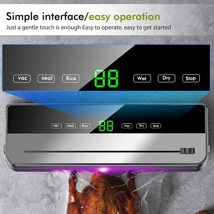 Вакуумний пакувальник, вакууматор, апарат для запаювання фольги, знімний вакуумний пристрій, 10 пакетів для вакуумної упаковки, LED-таймер зворотного відліку, для сухих та вологих продуктів