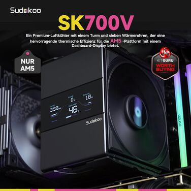 Система охолодження CPU Sudokoo SK700V AM5: Кулер для ПК з дисплеєм, 120мм вентилятор, 7 heatpipes, сумісний з AM5, безперешкодний доступ до RAM, 5 років гарантії, чорний
