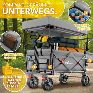 Трьохколісний візок TRESKO® Bollerwagen з дахом, кишенькою-холодильником та боковими шторками | Вантажопідйомність до 150 кг | З повного гумового покриття коліс та гальмами (передніми та задніми) та 3-точковим ременем безпеки (зелений, сірий)