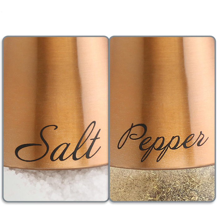 Набір для солі та перцю Com-Four® 2 шт. з нержавіючої сталі та скла - солянка та перечниця - набір спецій з написом для кухні та ресторану (мідний)