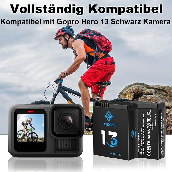 Акумулятор для GoPro Hero 13 Black, 2100mAh, 3-Pack з LED USB-C зарядним пристроєм, сумісний з GoPro Hero 13 Enduro
