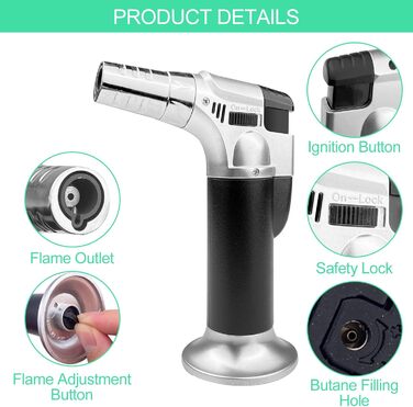 Газовий пальник для кухні, десертів та грилю, з можливістю заправки, з блокуванням, для приготування Crème Brulée