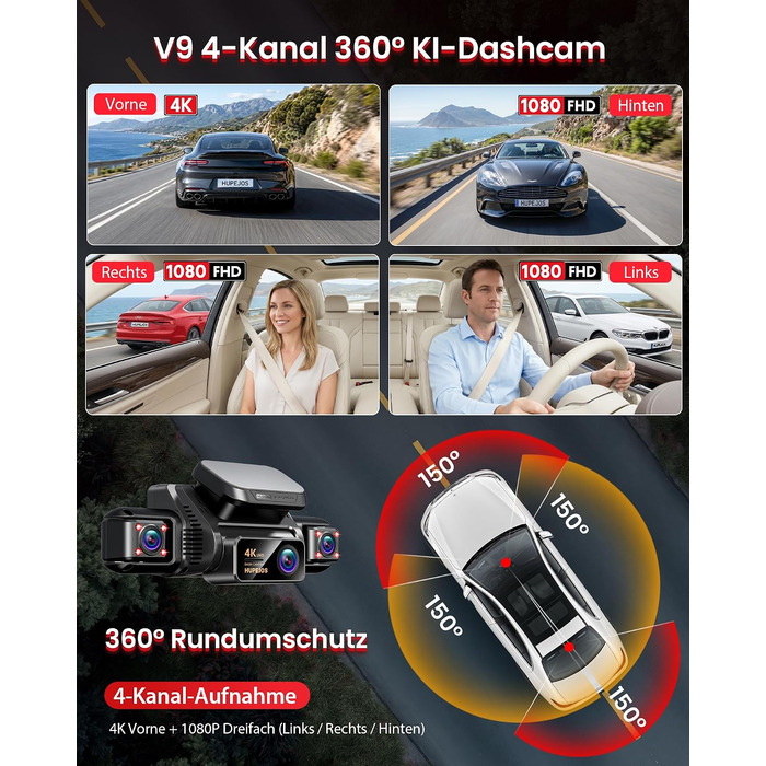 Автомобільний відеореєстратор HUPEJOS V9 4K з сенсорним екраном, 4-канальна камера 360 градусів для авто