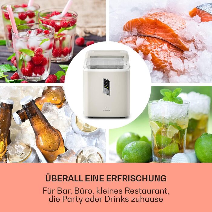 Klarstein Ice Cube Machine Small, Fast Ice Cube Maker, Self-Cleaning Ice Cube Maker, Ice Cube Device for Large and Small Ice Cubes, with Ice Cube Container, 12kg/24h, Capacity 1.5 L (Creme)