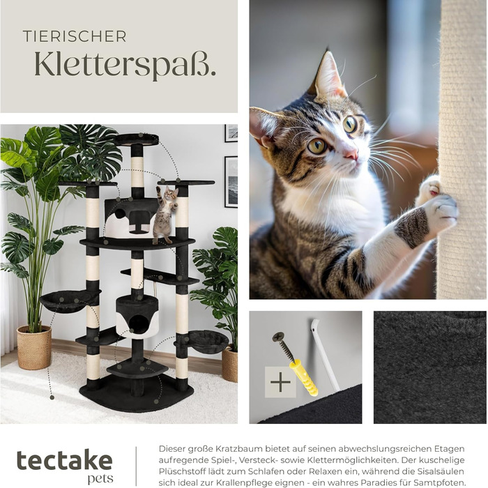 Дерево для котів tectake® XXL з іграшками, велике, з лежаком, 2 котячі будиночки, кігтеточка з сизалевого мотузка, сірий/білий (чорний/білий)