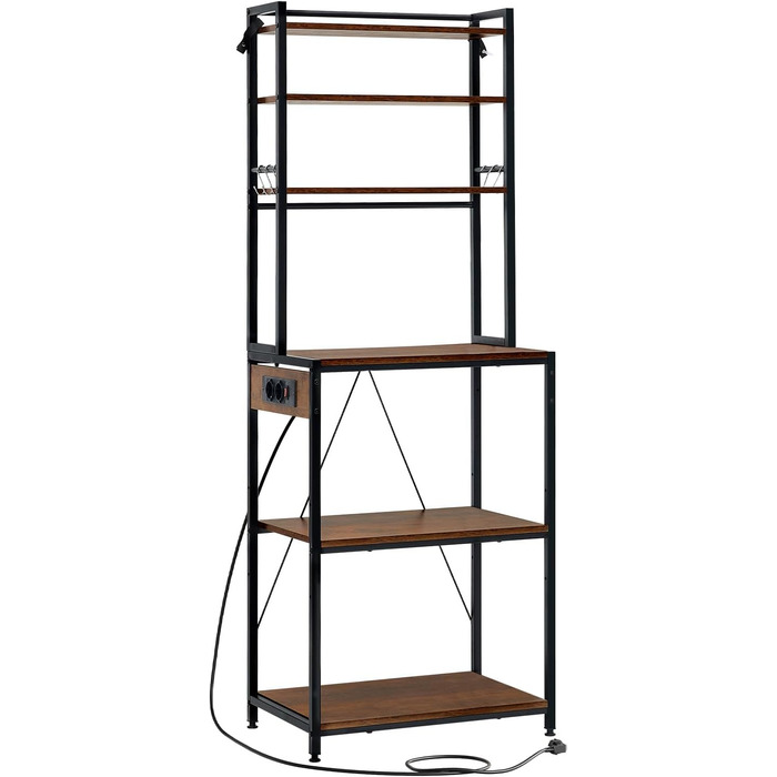 Кухонна полиця WOLTU з 6 ярусами та розетками, мікрохвильова полиця з 6 гачками, полиця пекаря з металевим каркасом, регульовані полиці, Чорний+Рустикальне коричневий, 60 x 167 x 40 см, Чорний+Вінтажний коричневий 60 x 39,5 x 167 см