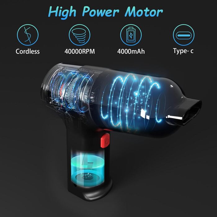 Електричний пилосос для повітря - 500W, 5.74oz, комплект для чищення ПК, ноутбука, авто, офісних пристроїв (чорний)