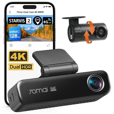 Автомобільний відеореєстратор 70mai M800 4K Dashcam (передній та задній), STARVIS 2 IMX678, нічна зйомка, Dual HDR, вбудована пам'ять 128 GB eMMC, GPS, 5 GHz WLAN, керування голосом