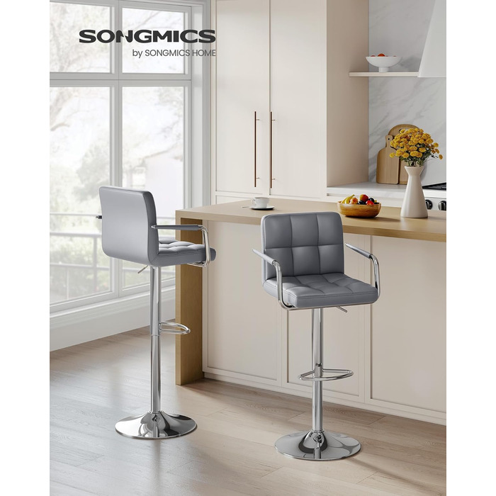 Барний стілець SONGMICS, 2 шт. у наборі, регульована висота, штучна шкіра, обертається на 540°, з підлокітниками, спинкою та підставкою для ніг, хром, сірий