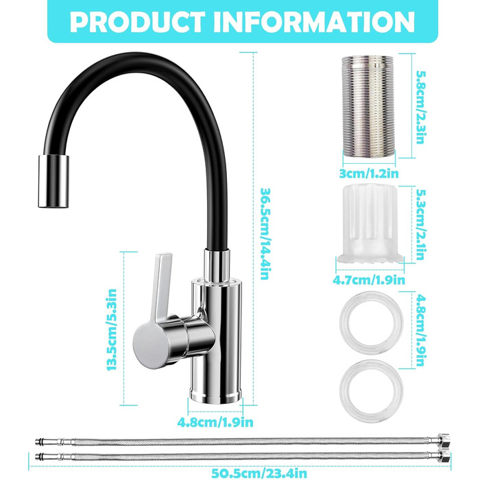 Чорний кухонний змішувач з гнучким виливом, 360° поворот, однорідний, з економічним аератором, нержавіюча сталь