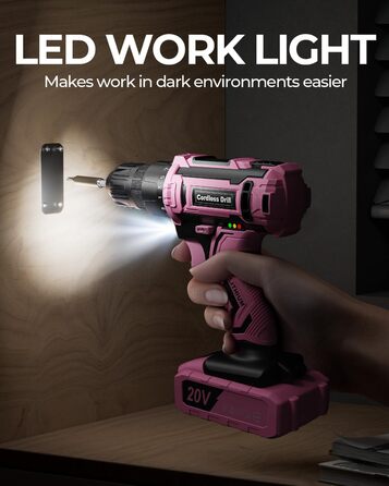 Акумуляторний дриль-шуруповерт 21V з 2 акумуляторами 2000mAh, 45Nm, 2 швидкості, 25+3 ступені крутного моменту, патрон 10мм, 27 предметний набір та кейс для дому та DIY (рожевий)