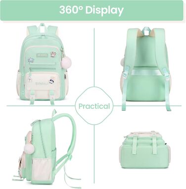Шкільний рюкзак Tanou для дівчаток, підлітків, 3-7 клас, велика місткість, легкий нейлон, стильний, зелений