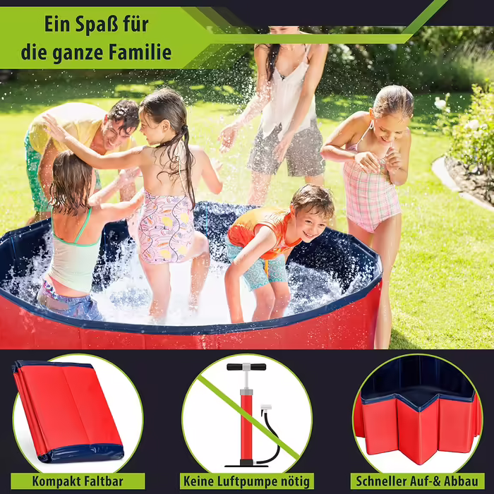 Stable Dog Pool | Splash Pool for Dogs | Foldable Pool with Drain Valve | Non-Slip Bathtub | Ball Pit for Kids | Ball Bath including Bath Brush & Repair Kit - Dog Pool 100x30 (Red)