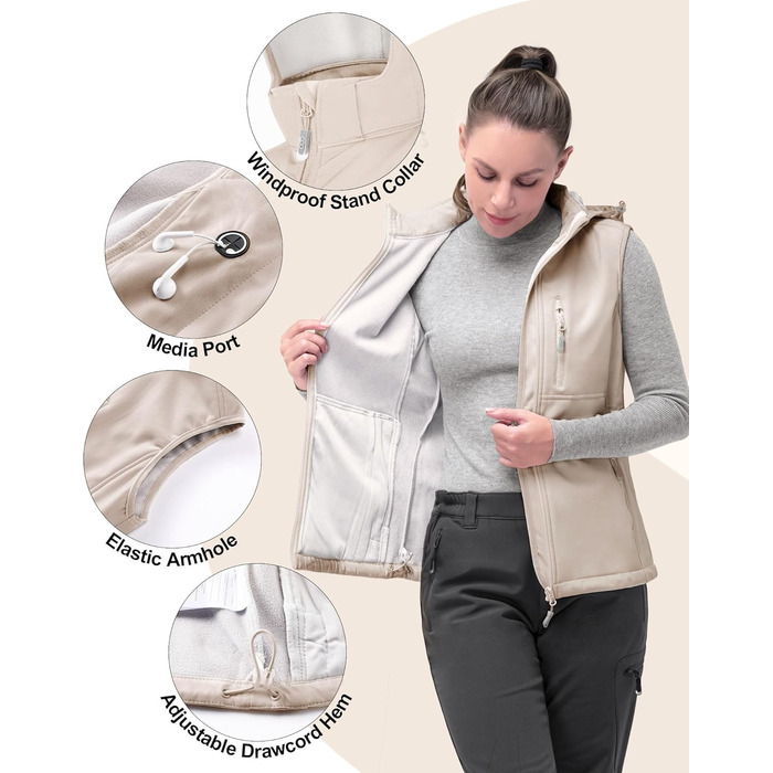 Жіночий софтшеллова жилетка 33000ft з капюшоном, флісовою підкладкою та 5 кишенями для їзди на конях, бігу, хайкінгу (4XL, світло-кахкі)