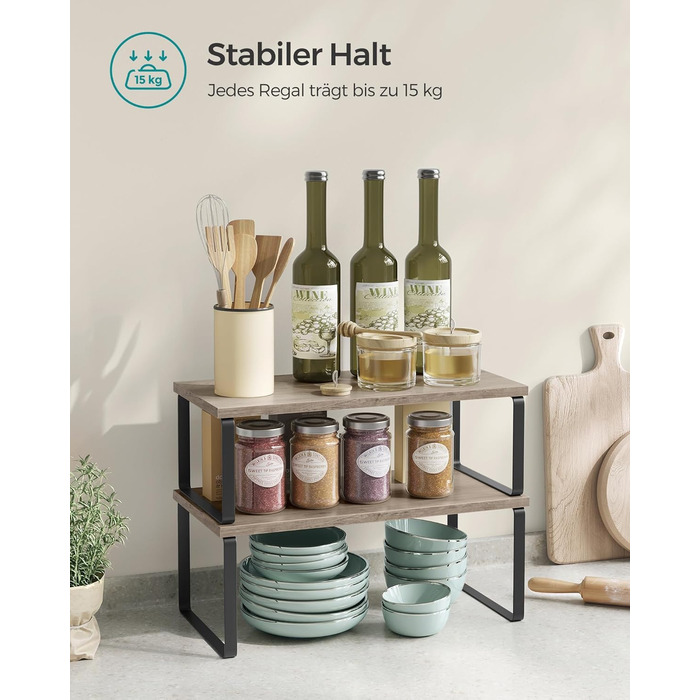 SONGMICS Spice Rack, 4-Piece Set, Kitchen Shelf, Kitchen Organizer, Expandable, Spice Holder, Stackable, with Metal Frame, 19.5 x 29.7 x 15.8 cm, Ink Black + Natural Beige KCS10NB (Ink Black + Greige Melange, 39.7B cm)