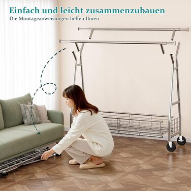 Підвісна шафа для одягу на коліщатках з подвійною перекладиною та сітчастим кошиком, 200 кг, великий об'єм для зберігання одягу та аксесуарів