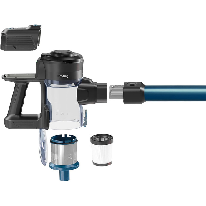 Акумуляторний пилосос H.Koenig UP600 PowerClean 22.2V: 3-в-1, LED-щітка, 40 хв роботи, 150 Вт, 2 швидкості, видалення шерсті тварин (блакитний)