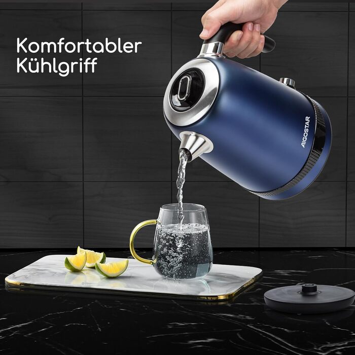 Електричний чайник Aigostar з регулюванням температури, 1,7 л, ретро-дизайн, матове покриття, цифровий дисплей, функція підтримки тепла, без пластику всередині, BPA-free (темно-синій)