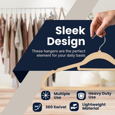 Набір велюрових вішалок для одягу, 50 шт. з органайзером для краваток, обертаються, бежевий колір