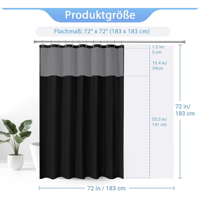Штора для душу водонепроникна з льоном та віконцем, 183x183 см, чорна + 12 гачків з нержавіючої сталі