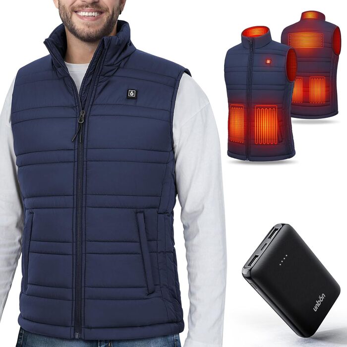 Обогреваемая жилетка UNBON для мужчин и женщин с Powerbank 10000mAh USB, 3 режима нагрева, 6 зон обогрева, жилетка-куртка с аккумулятором (M, Синий)
