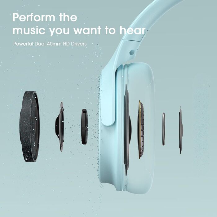 DOQAUS Бездротові Bluetooth навушники з мікрофоном, 70 годин роботи, Bluetooth 5.3, Over-Ear, 3 режими EQ, HiFi, складні, для (блакитний)