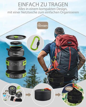 Набір кухонного посуду для кемпінгу Homgen: каструлі та сковорідки з алюмінію, легкий, для 2-3 осіб, з сумкою для зберігання, підходить для кемпінгу, пікніків, походів