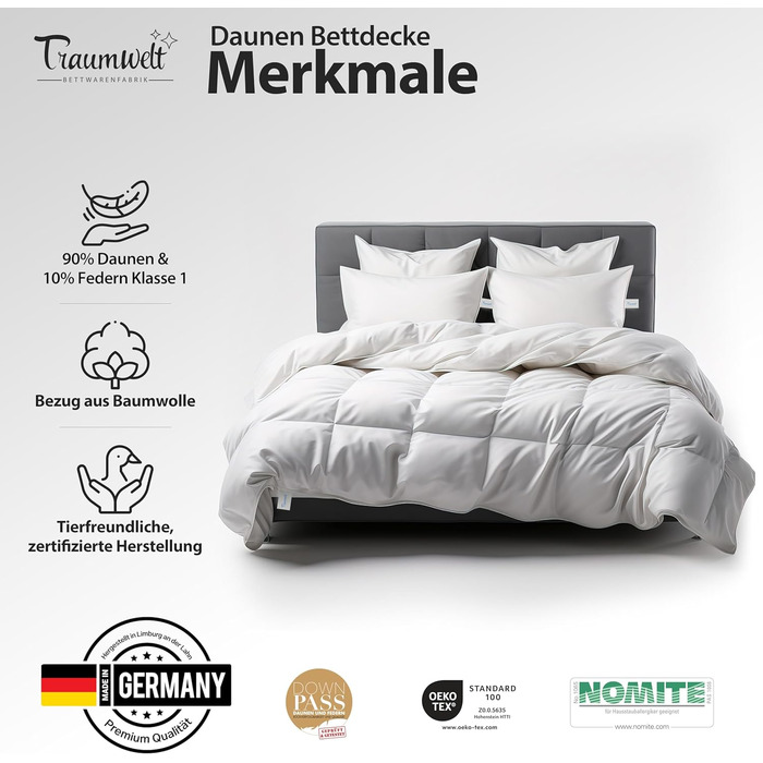 Dreamworld Nature Duvet - Made in Germany - 200x200 cm down duvet made of 90% down and 10% feathers, winter duvet, suitable for allergy sufferers (nomite), Öko-Tex 100 Class 1 certified, Downpass 200 x 200 cm winter duvet