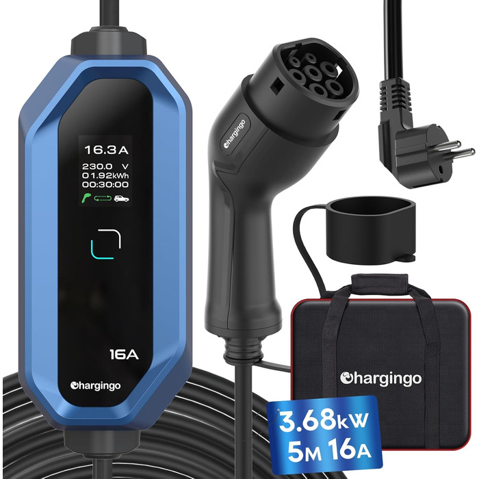 Кабель для зарядки електромобілів Schuko 3.68kW 6-16A з LCD-дисплеєм, 5м, IP65, 16A, для всіх електромобілів (IEC 62196-2, CCS2)