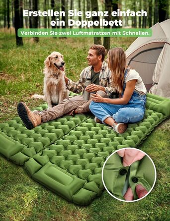 Glymnis Isomatte Camping Air Mattress - 9cm Thick with Foot Pump & Pillow - Ultralight Outdoor Sleeping Pad for Camping, Hiking & Travel - Army Green
