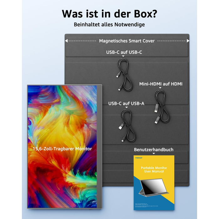 Портативний монітор Yodoit 15.6 дюймів: IPS дисплей FHD 1920x1080, USB-C та HDMI, вбудовані динаміки, захист зору для ПК, ноутбука, Xbox, PS3/4/5, Switch та TV. Чорний колір